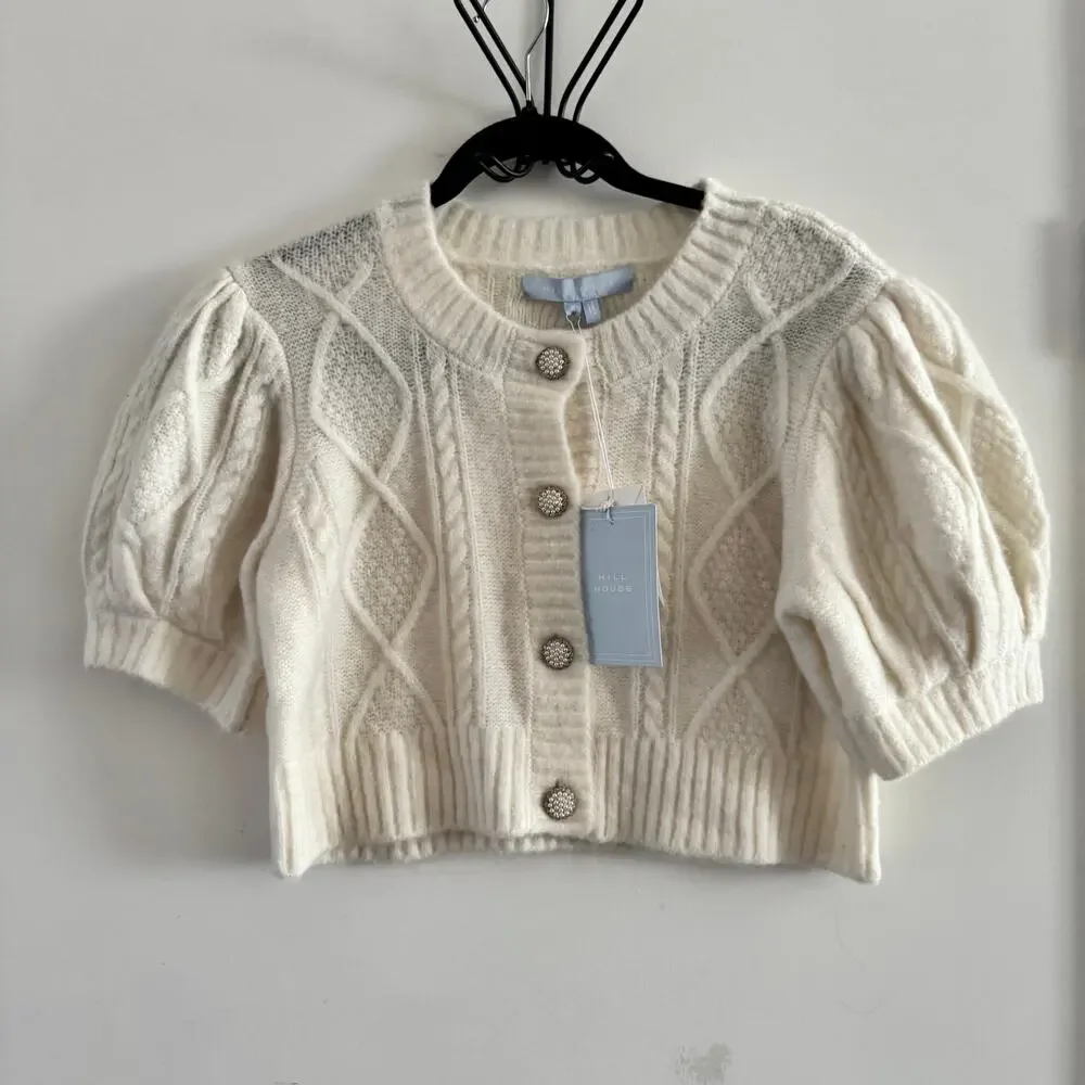 New Hill House Ollie Crop Sweater White Ribbed Hem Button Puff Sleeve Sz S